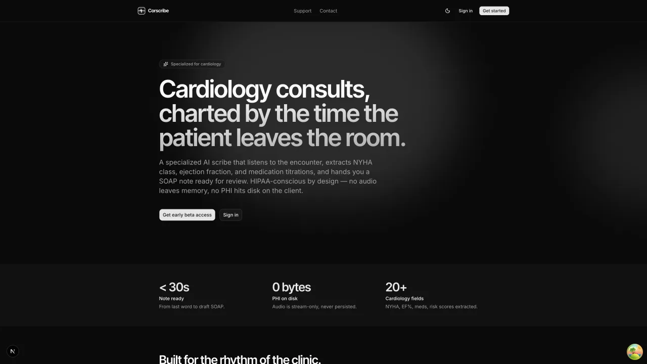 Corscribe landing page: Cardiology consults, charted by the time the patient leaves the room