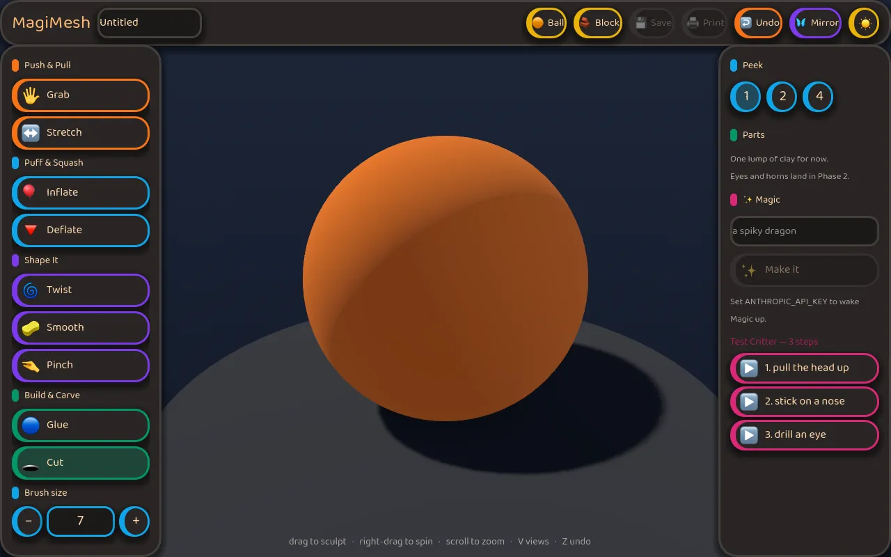 MagiMesh sculpting UI with an orange clay ball and colorful brush buttons