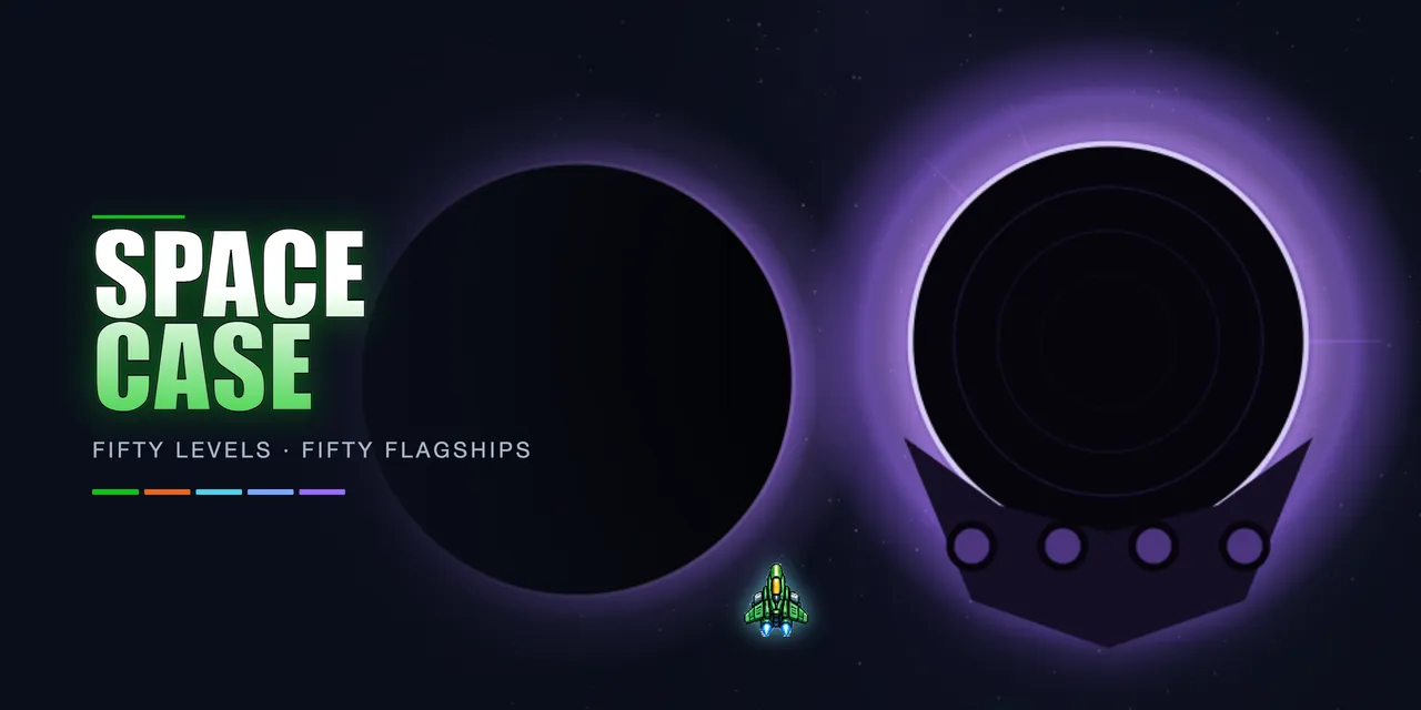 Space Case key art: a green fighter ship before two glowing purple flagships