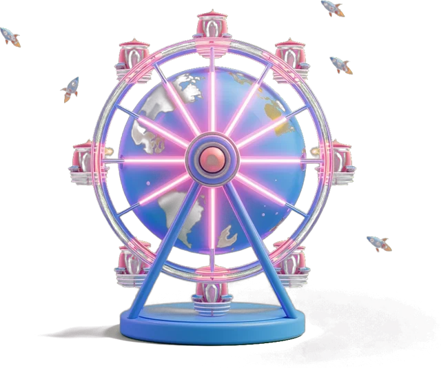 Starfair splash art: a neon ferris wheel wrapped around a planet